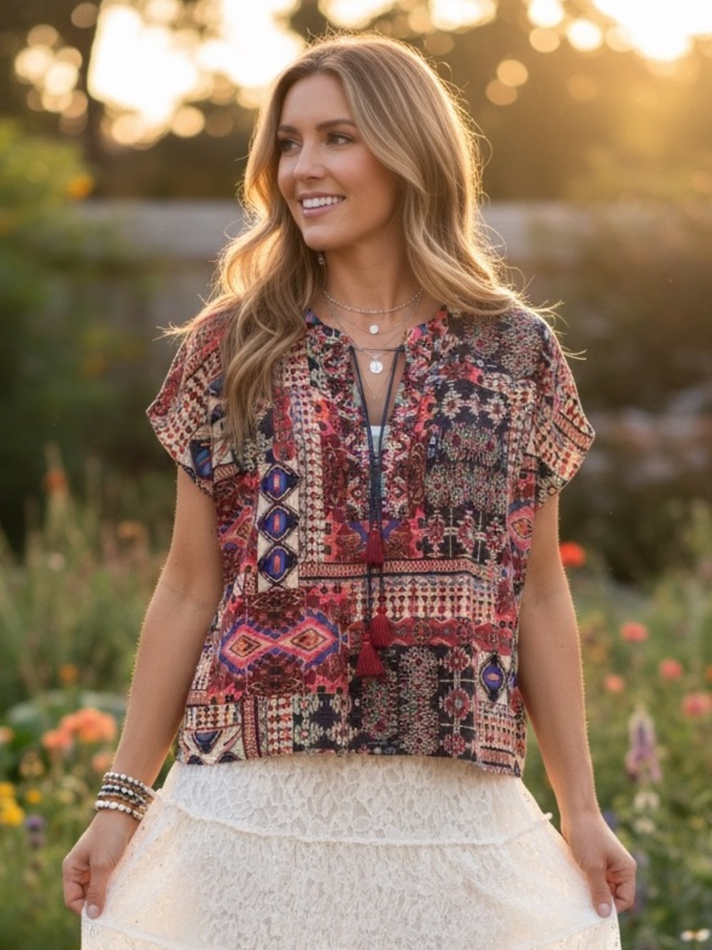 Johnny Was Multicolor Patchwork Print Short Sleeve Peasant Top
